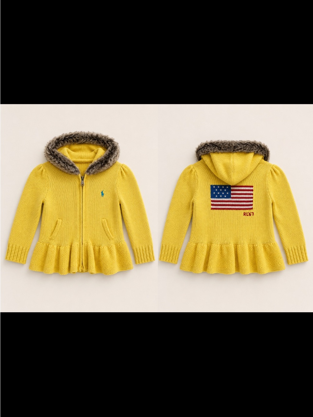 Ralph Lauren Girls Yellow Faux Fur Hood Flag Zip Knit Sweater Size 6 FLAW
